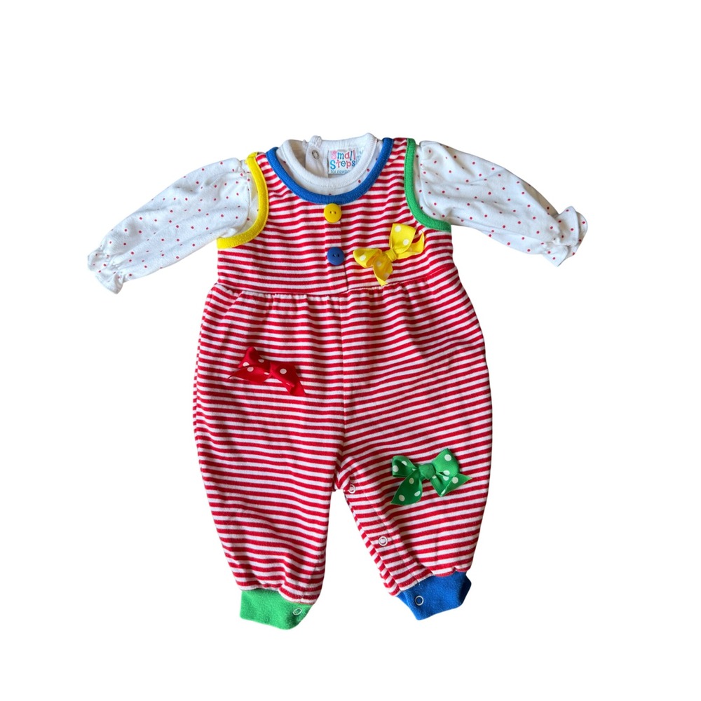 Vintage Small Steps Colorblock Jumpsuit Baby Girl 6-9 Months Stripes Bows Clown